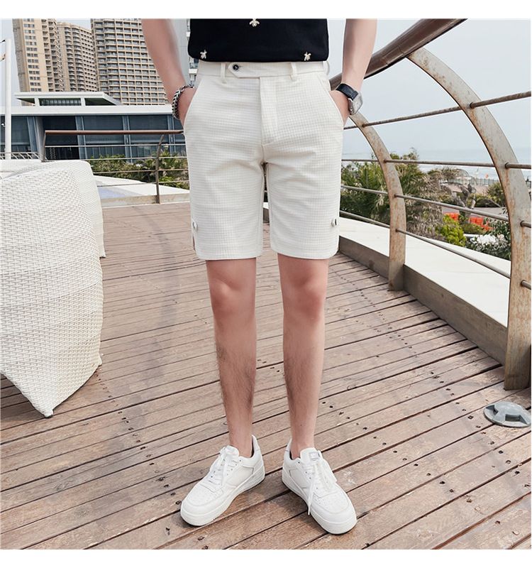 Summer new Internet celebrity trend waffle fabric casual shorts British temperament men's slim-fitting five-point pants_voghion.com