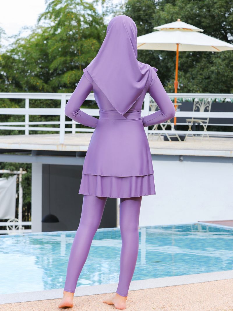 Women's Clothing New Conservative Swimsuit Solid Color Muslim Long Sleeved Trousers Sunscreen Beach Swimsuit Three Piece Swimsuit_voghion.com