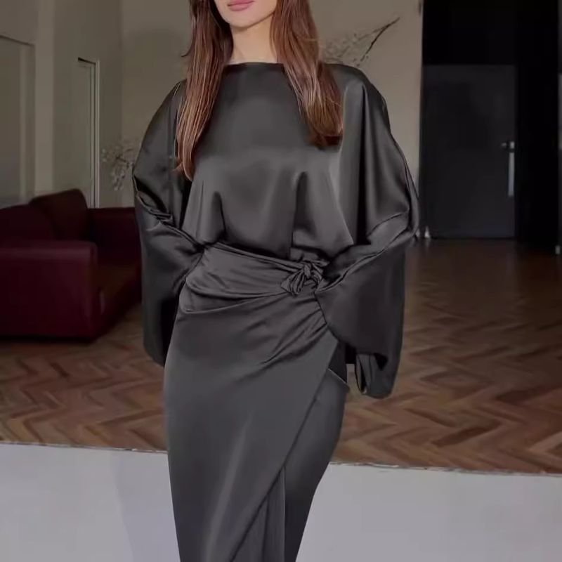 Women's Clothing simple bat sleeve tie waist slim solid color dress for women_voghion.com