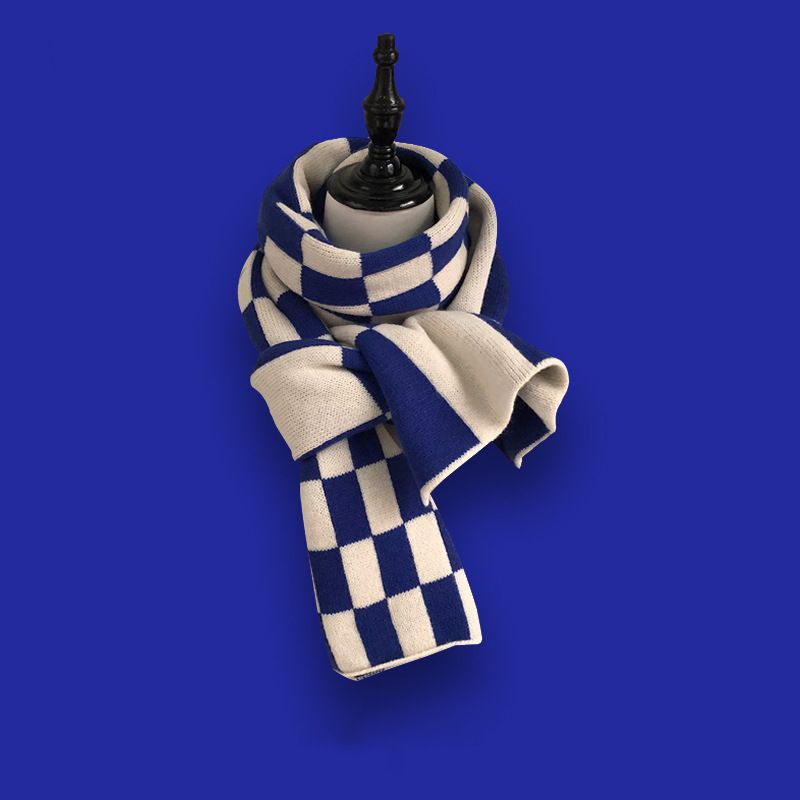 Sciarpa a scacchi blu Klein da donna, calda e spessa, in maglia, stile coreano, per studenti, inverno_voghion.com