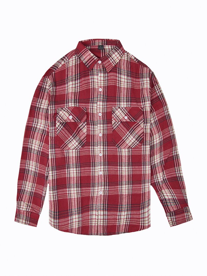 Men’s Flannel Plaid Shirt – Soft Brushed Polyester Long Sleeve Casual Button-Up (Red/Navy/Orange)_voghion.com