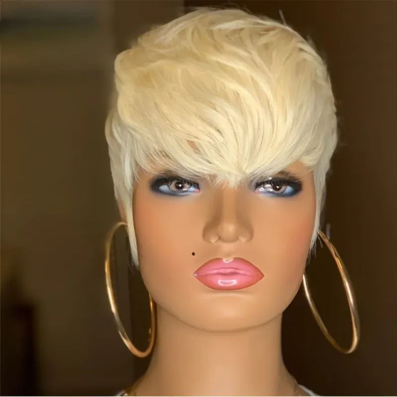 613 Honigblond, kurze, glatte Bob-Perücke aus Echthaar mit Pony für Frauen_voghion.com