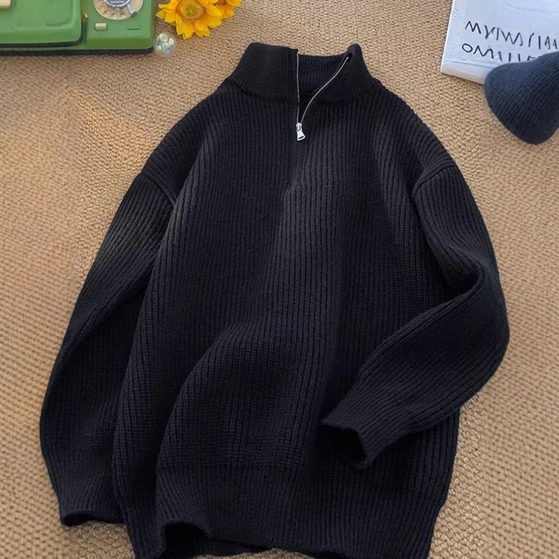 Maglione primaverile con mezza zip e collo alto da uomo, top in stile casual per autunno e inverno, versatile maglione lavorato a maglia da uomo_voghion.com