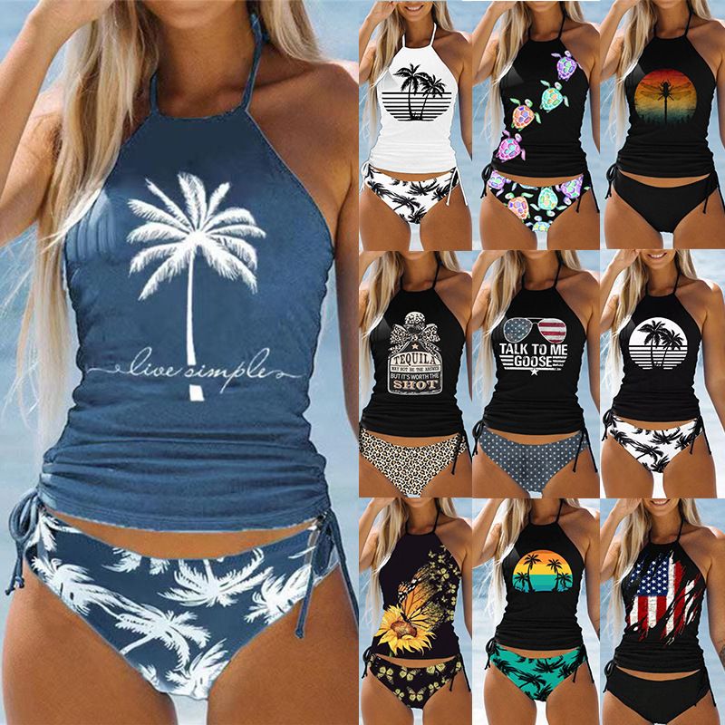 Sexy Bikini-Set für Damen – Tropischer Palmendruck mit verstellbaren Bändern, hoch tailliertes Unterteil für Bauchkontrolle, Bademode in Übergröße für Strand und Pool_voghion.com