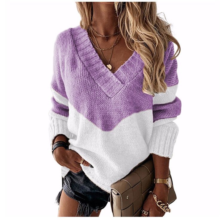 Pull ample à col en v pour femme, pull ample avec couleurs contrastées, automne et hiver_voghion.com