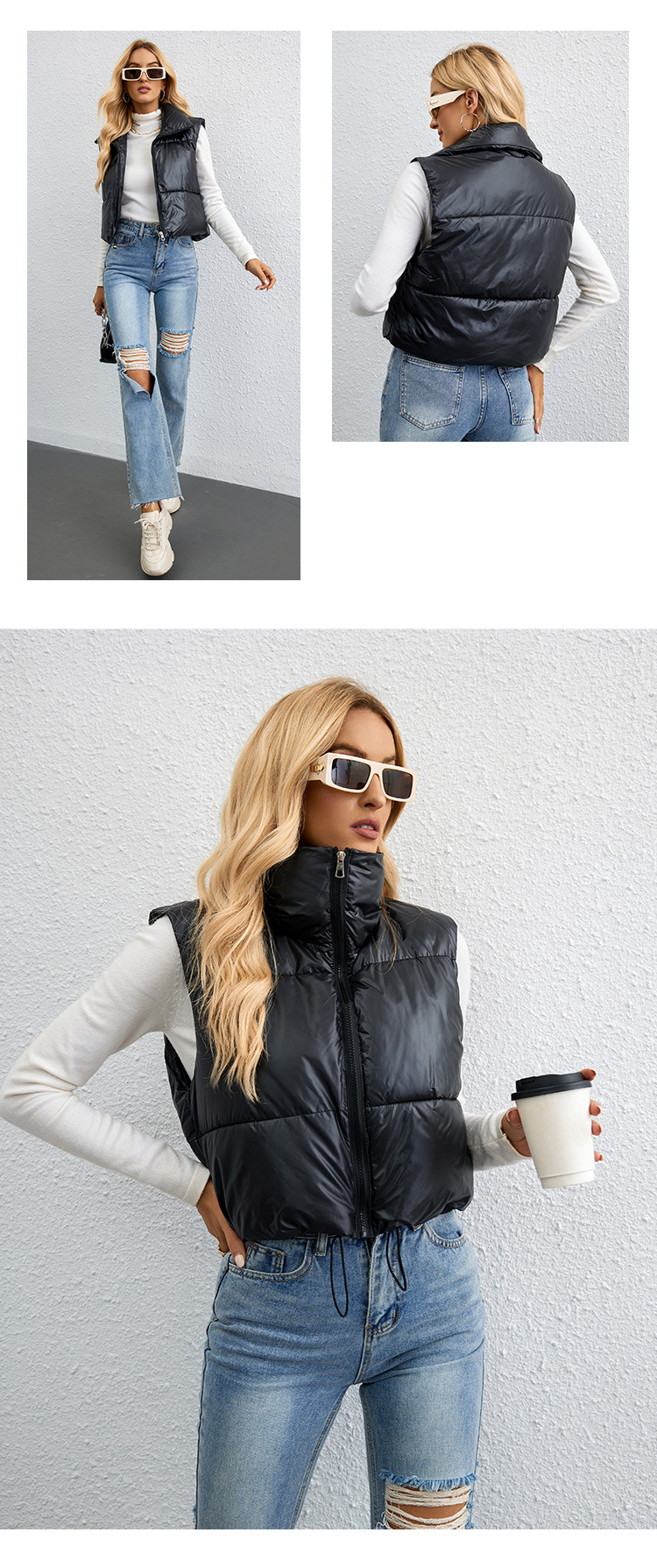 Damenmode kurze einfarbige warme Jacke Baumwollweste schlanke High Neck lose Baumwolljacke Weste_voghion.com