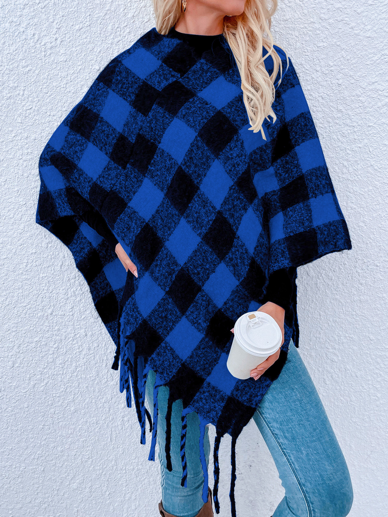 Maglieria da donna maglione a secchiello in pongee con scialle con frange a quadri mille uccelli_voghion.com