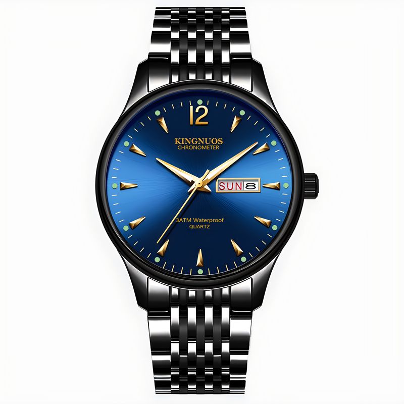High-End-Mode Herren Gold Doppelkalender Stahlband wasserdichte Uhr_voghion.com