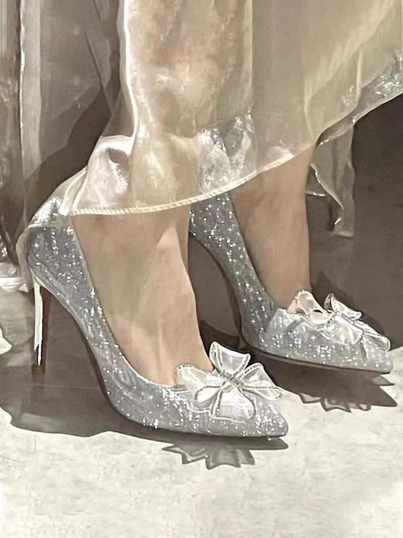 French High Heels Women's 2024 New Spring Autumn Season Pointed Bow Rhinestone Princess Comfortable and Durable Wedding_voghion.com