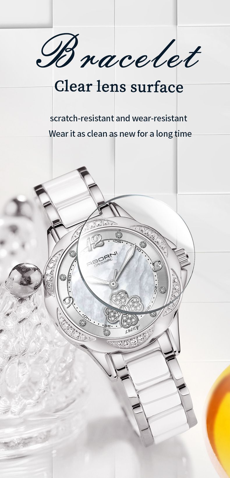 Relógio de quartzo feminino elegante com detalhes em diamante, vidro mineral, pulseira de aço inoxidável e cerâmica, resistente à água, relógio elegante e elegante_voghion.com