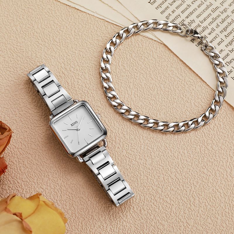 New Women's Fashion Silver Small Square Simple Steel Band Quartz Watch + Chain Set_voghion.com