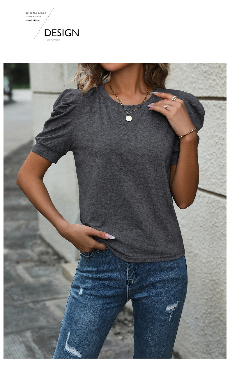 Solid Color Casual Pullover Mutton Leg Sleeve Short-sleeved T-shirt_voghion.com