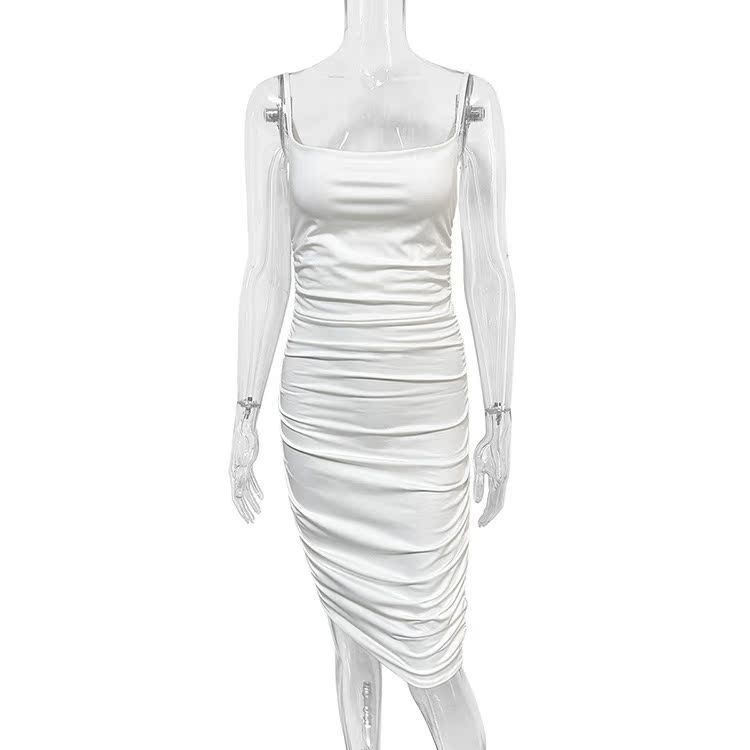 White Ruched Strap For High Waist Bodycon Women Summer Slip Dress_voghion.com