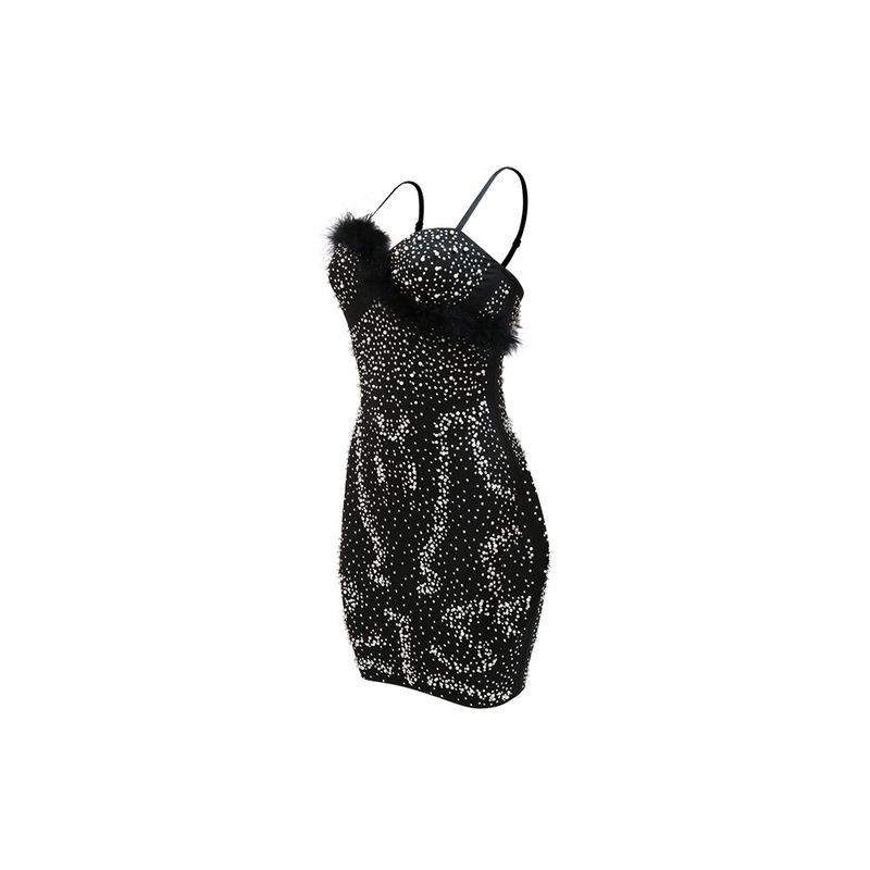 Women's Clothing Sexy Suspender Hot Diamond Dress With Spliced wool Clauses_voghion.com