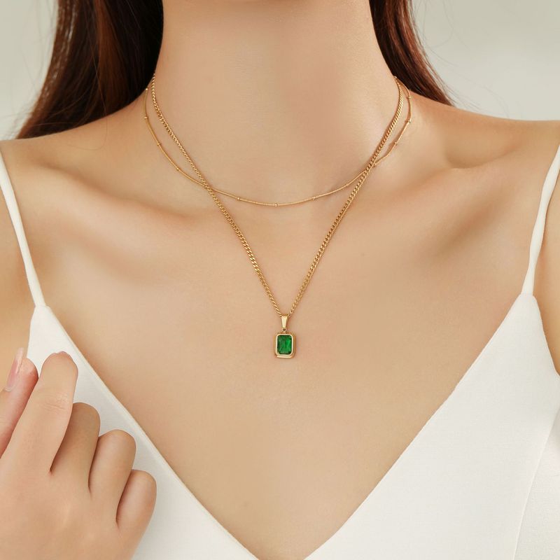 Women's Jewelry Emerald Pendant Niche Design Gold Plated High Grade Titanium Steel Double Layer Necklace Clavicle Chain_voghion.com
