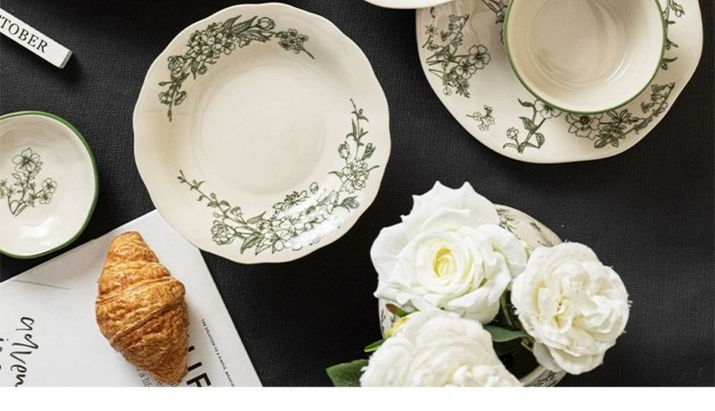 Elegant Ceramic Dinnerware Set - Floral Green Timeless Collection, Microwave Safe Bowl Plate Cup Gift Box For Home Dining_voghion.com