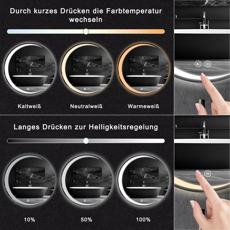 Glitzerlife Spiegel Mit Beleuchtung - Wandspiegel Rund 70cm LED IP44 Badspiegel Mit Touch - Schalter Und Entfogger - Funktion Bad Spiegel Mit Licht Dimmbar_voghion.com