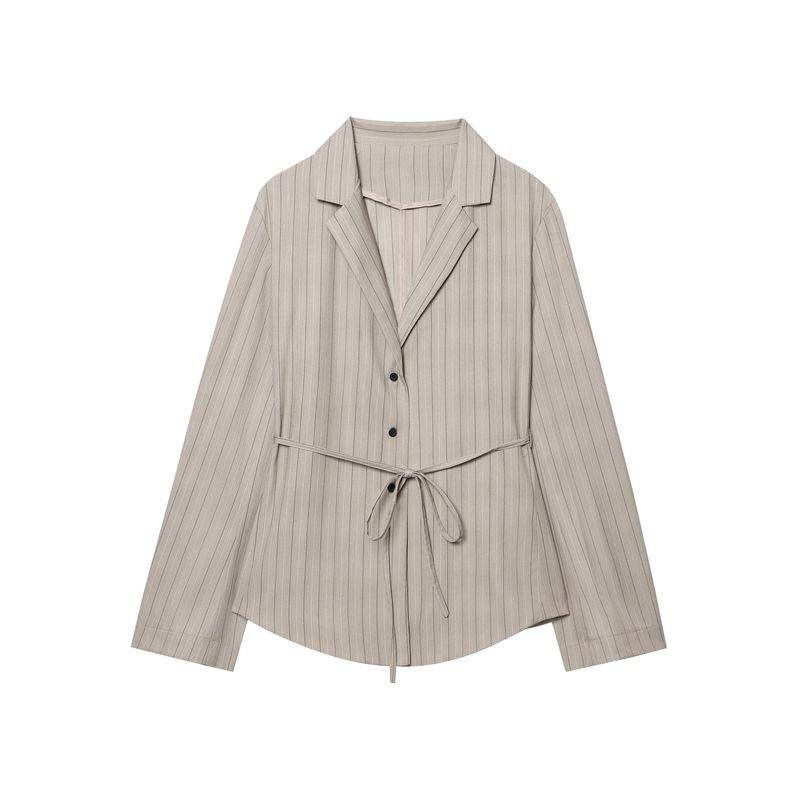GraceChic 2025 Novo Conjunto Feminino Slim Listrado com Blazer e Shorts Curtos com Cinto de Amarrar Y13-21015_voghion.com