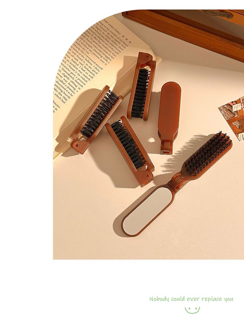 Folding Boar Bristle Comb With Mirror Integrated Portable Travel Massage Comb Women's Bangs Fluffy Hair Comb_voghion.com