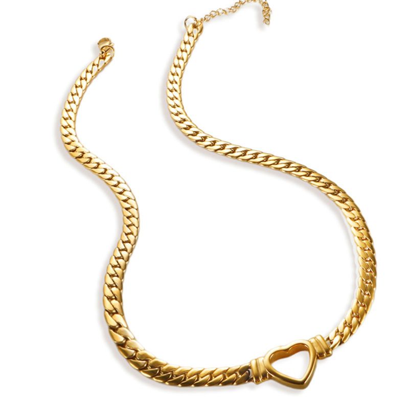 Stainless Titanium Steel Cuban Heart-shaped Gold-plated Hollow Flat Snake Chain Heart Pendant Necklace Bracelet Light_voghion.com