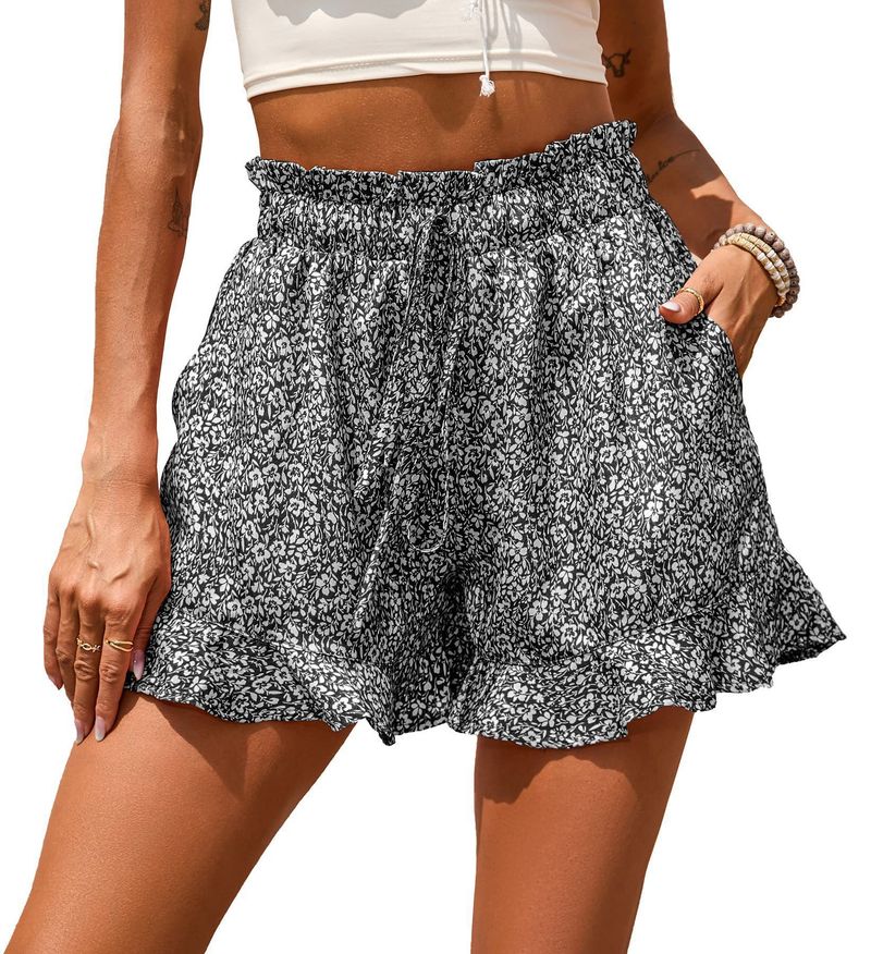 Women's Summer New Fashion Chiffon Printed Casual Pocket Elastic High Waist Ruffle Shorts_voghion.com