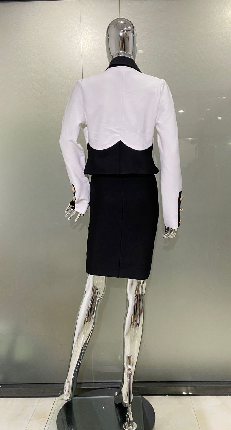 Damenbekleidung Mode schwarz-weiße farbecht passende Bandage Anzug Metallknopf Strickjacke Jacke + ärmelloses Kleid_voghion.com