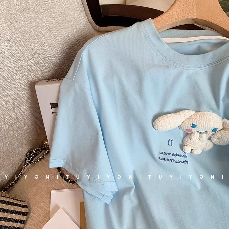 Maglietta a maniche corte con stampa di un simpatico cane alla cannella, azzurra, da donna, estiva, stile Hong Kong_voghion.com