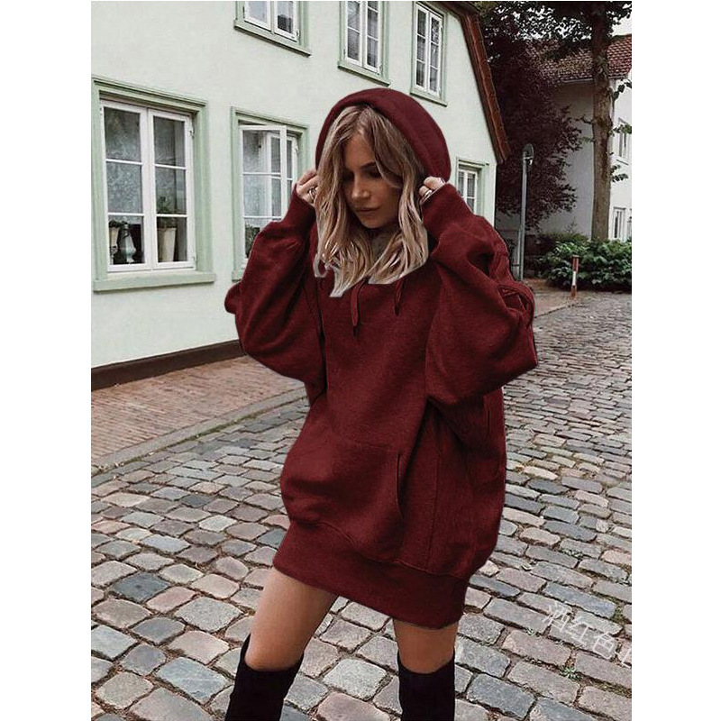 Women's solid color hooded loose long-sleeved padded women's sweatshirt_voghion.com