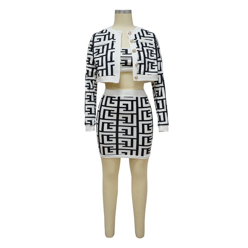 Damen-Langarm-Cardigan-Weste, Wickel-Hüftrock, bedrucktes dreiteiliges Set_voghion.com