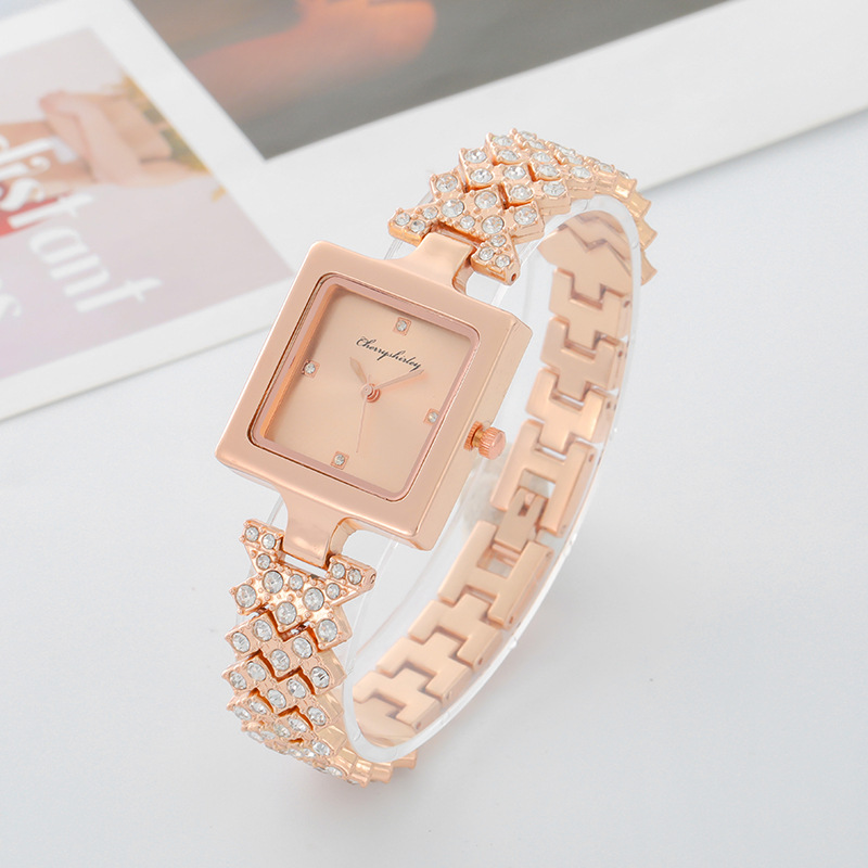 Reloj de pulsera de cuarzo para mujer, banda de acero de estilo coreano, cuadrado, lleno de diamantes, 2024_voghion.com