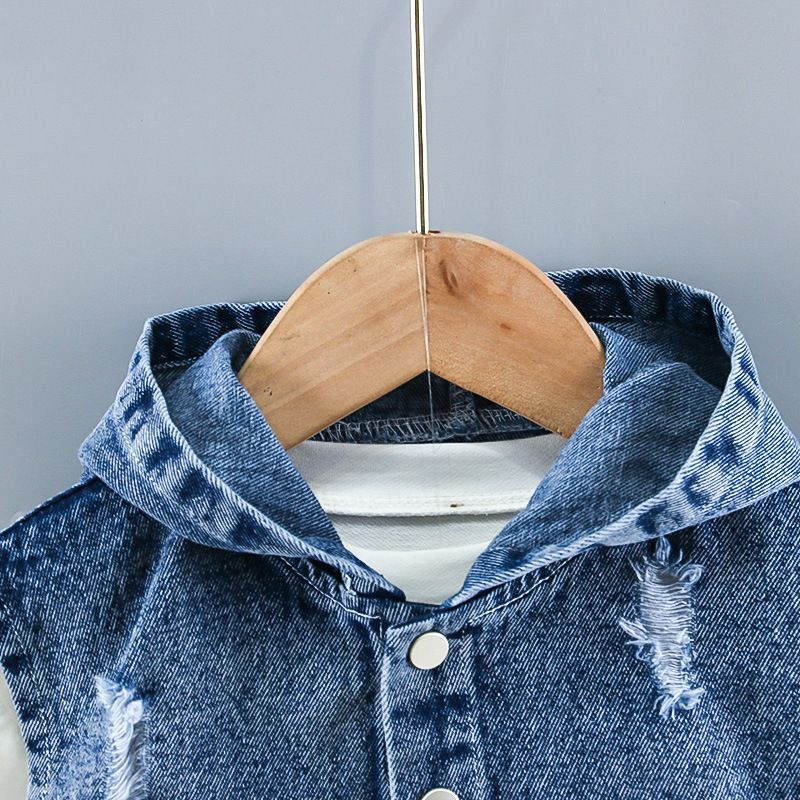 Haine pentru bebeluși, primăvară, toamnă, costum rupt, jachetă din denim, vestă cu glugă, cămașă + pantaloni, set 3 piese_voghion.com