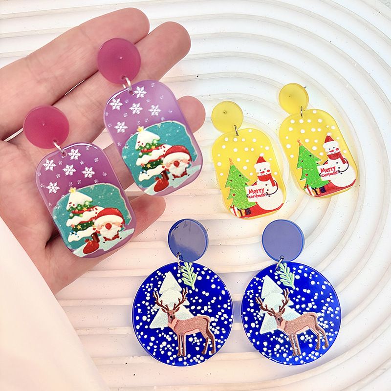 Nieuwjaarsrendier Kerstboom Sneeuwpop Acryl Studs Geometrische Druppel Oorbellen Sieraden Voor Vrouwen_voghion.com