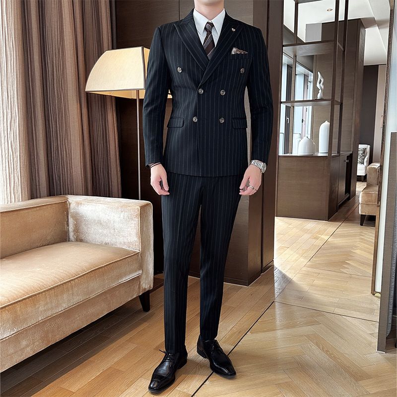 CT New Men's Formal With Peak Lapel, Double-Breasted Texture Striped Groom's Three-Piece Suit_voghion.com