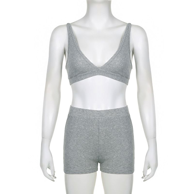 Women's Clothing Solid color knitted zipper hooded cardigan sweatshirt V neck triangle cup bra high waisted tight shorts casual three piece set_voghion.com