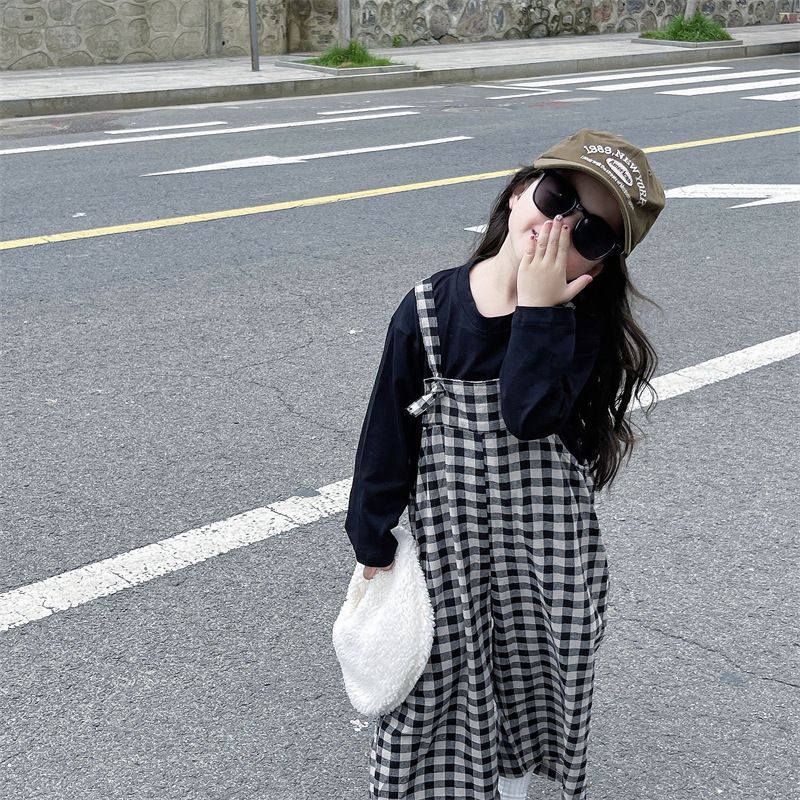 2024 Primavera Nuova Edizione Coreana Abbigliamento per Bambini Ragazze Tuta Aderente A Scacchi Con Gamba Larga Pantaloni Con Cinghia_voghion.com