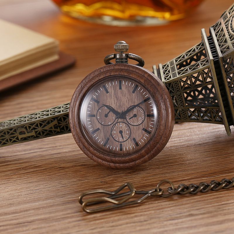 Vintage Wooden Pocket Watch With Dual-Loop Chain - Unisex Quartz Timepiece In Natural Wood Finish (45mm Case, Alloy Strap, Multiple Color Options)_voghion.com