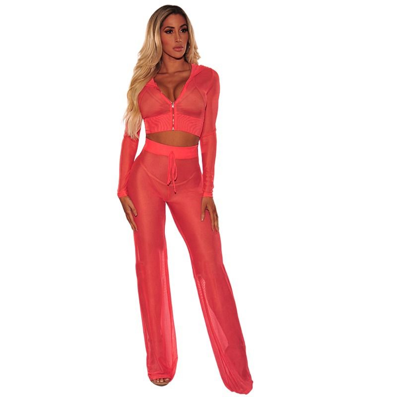 N331 Completo due pezzi da donna con cappuccio e maniche lunghe in rete trasparente_voghion.com