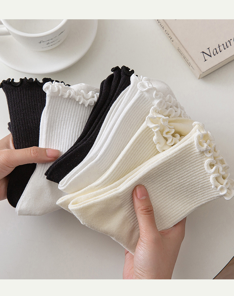 Ruffle Socks for Women 5pair /Lot Mid Crew Middles Tube Ankle High Breathable Black White Calcetines Female Spring_voghion.com
