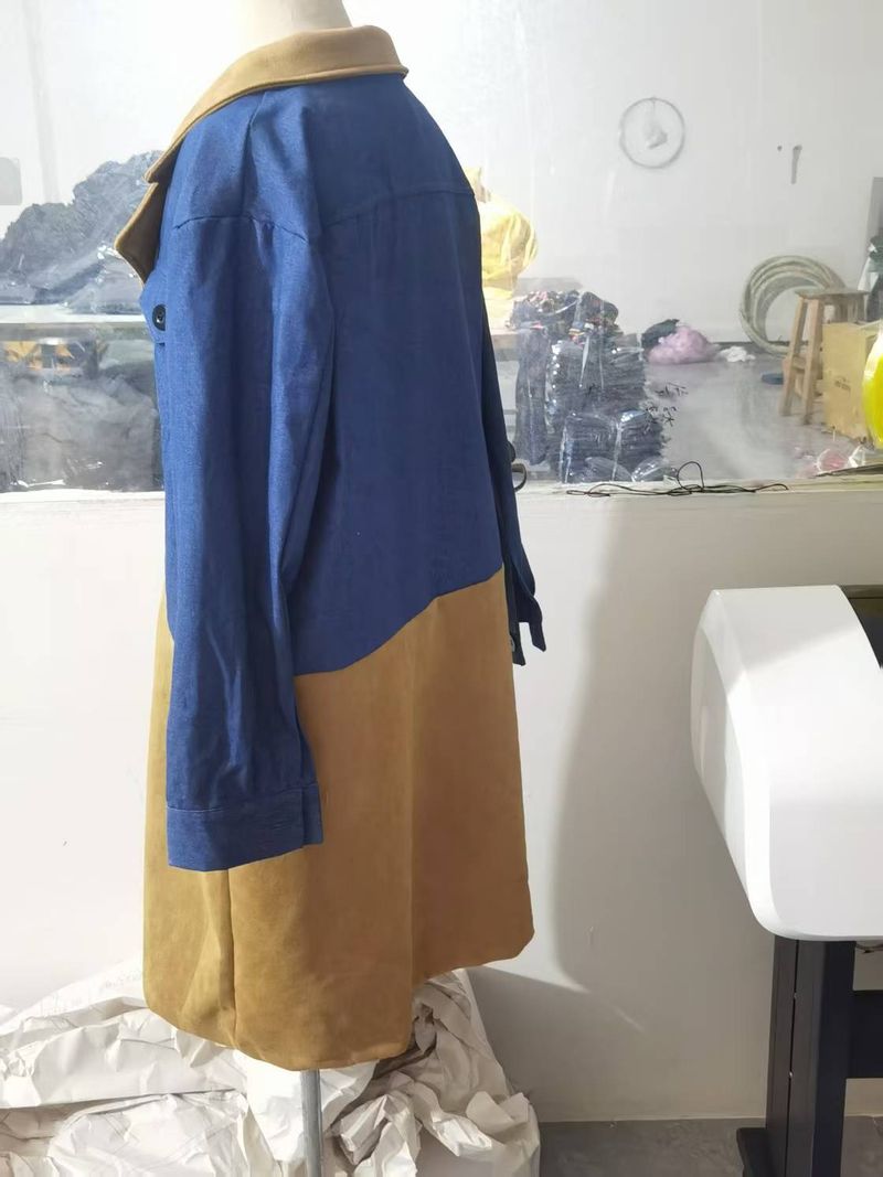 Damenbekleidung Anzugkragen Denim Splicing Mittellanger Mantel für Damen_voghion.com