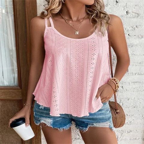 Canotta da donna in maglia, stile nuovo, estiva, 2024, con scollo rotondo e tinta unita_voghion.com