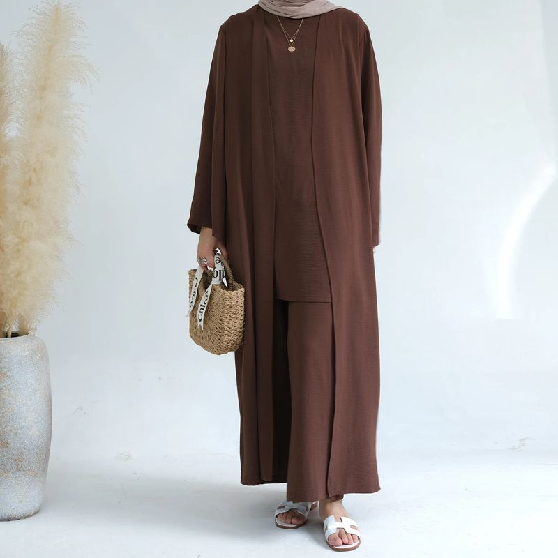 Schlichtes 3-teiliges Abaya-Set – Langärmlige Strickjacke mit offener Vorderseite, Hose mit weitem Bein und Unterkleid (Dunkelbraun/Beige/Marineblau/Schwarz/Grün/Pink)_voghion.com