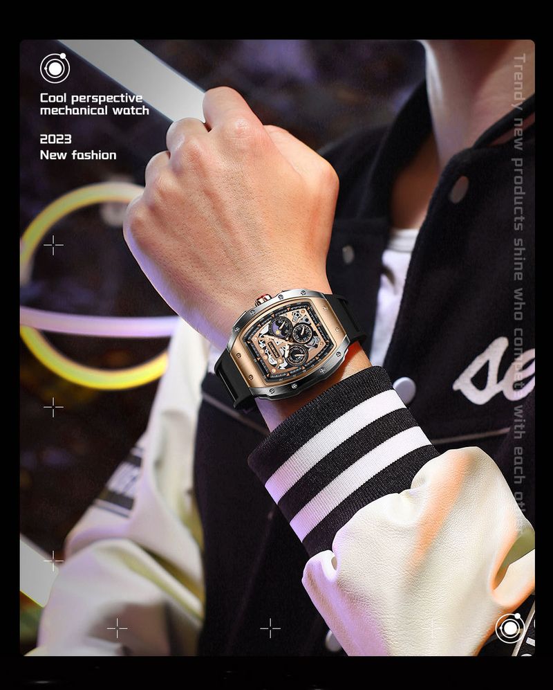 Men's Sporty Water-Resistant Digital Watch With Moon Phase & Calendar, Multifunctional Silicone Strap, 44mm Barrel-Shaped Dial, Mineral Glass_voghion.com