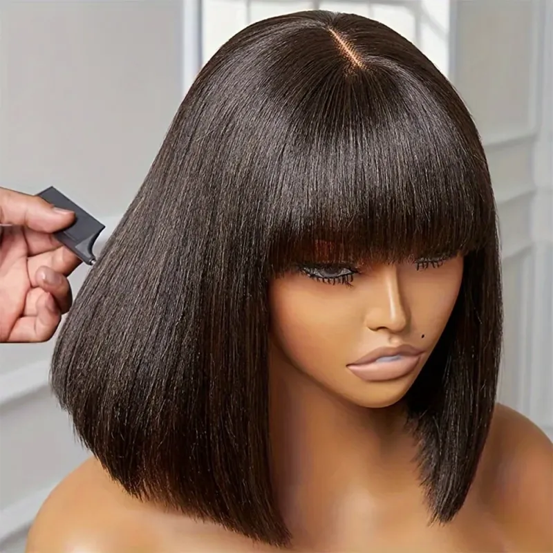 Cheap Short Bob Human Hair Wigs With Bangs Fringe Wig Straight Lace Middle Part for Women_voghion.com