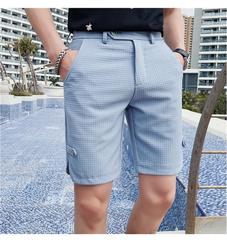 Summer new Internet celebrity trend waffle fabric casual shorts British temperament men's slim-fitting five-point pants_voghion.com