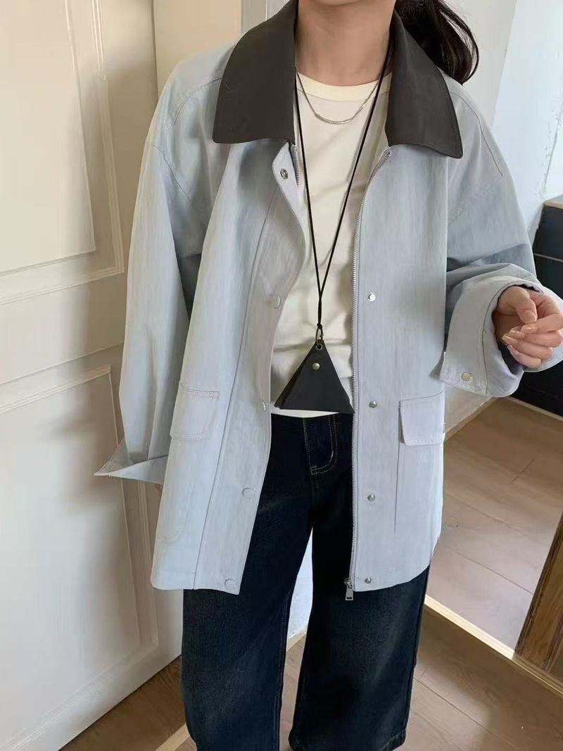 Trench coat da donna in stile coreano, versatile, di media lunghezza, con tasche grandi, color block, con colletto rovesciato, autunno 2025_voghion.com