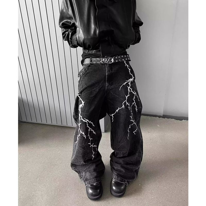 Herrenbekleidung Nische gewaschene Jeans mit Blitzmuster und Stickereien für Männer und Frauen High Street Hip Hop lockere gerade Freizeithose_voghion.com