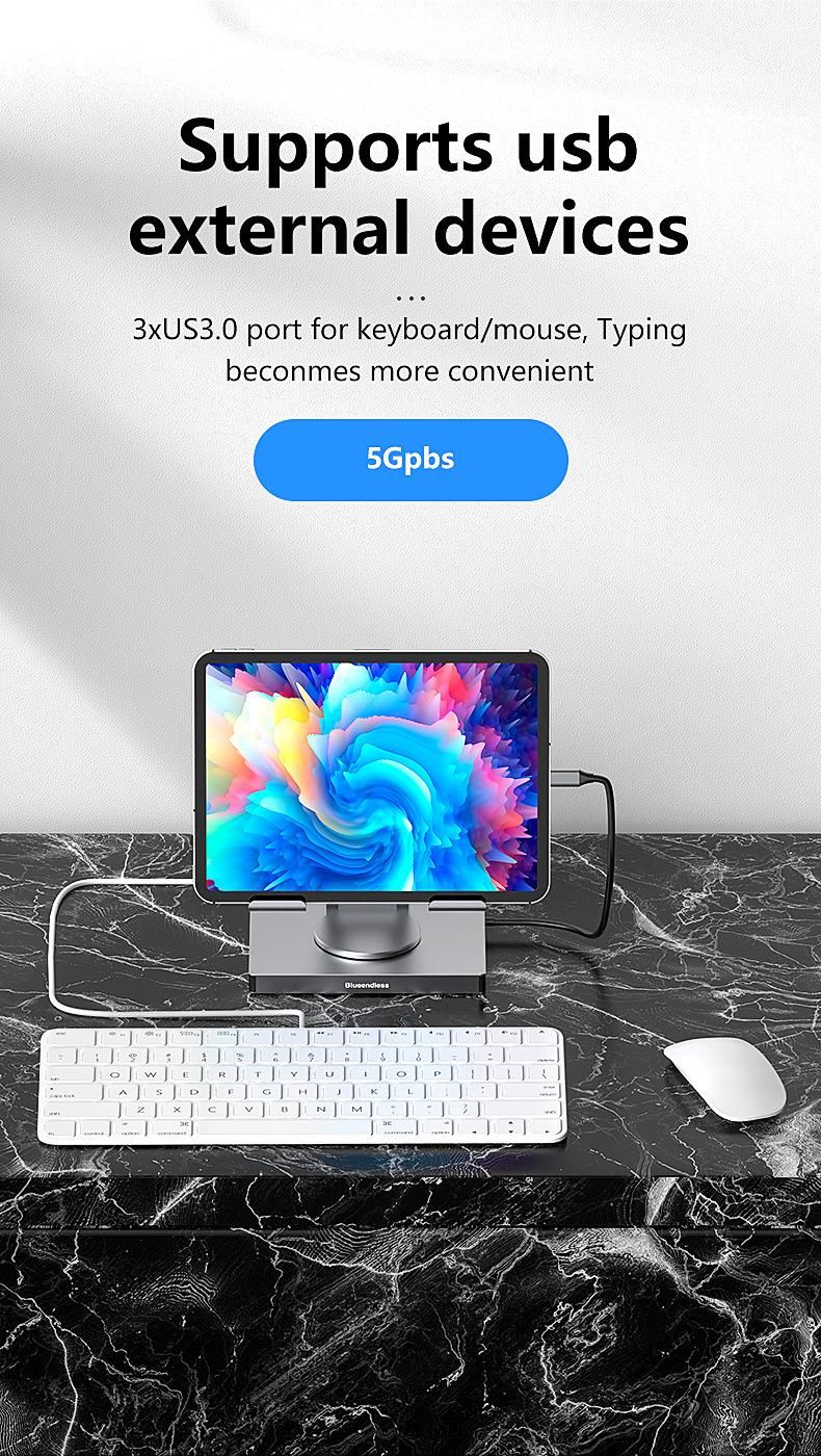 Estación de acoplamiento tipo C con soporte giratorio para tableta, puerto Ethernet Gigabit 4K/60 Hz, concentrador divisor USB 3.0 y convertidor_voghion.com