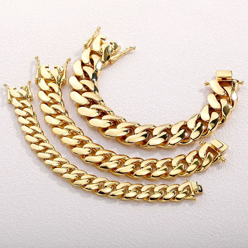 Collana con catena cubana galvanizzata in oro vero da 14/18/22 mm – Bracciale con fibbia a farfalla Hip Hop_voghion.com