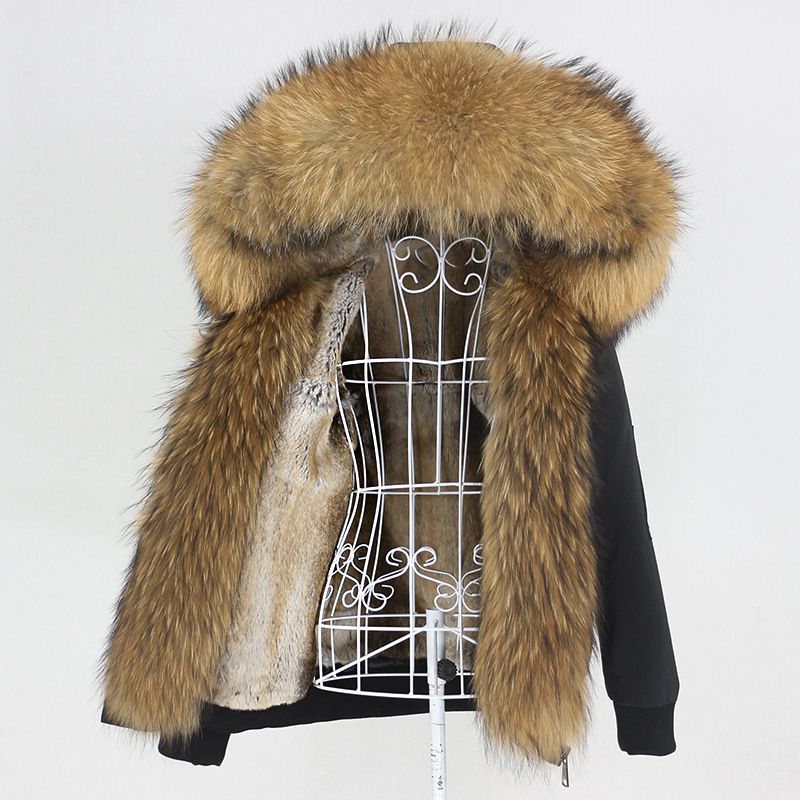 Damenbekleidung Parka im neuen Stil mit dickem Kaninchenfellfutter, abnehmbarem echtem Fuchspelz, großer Pelzkragenjacke, Pelzmantel_voghion.com