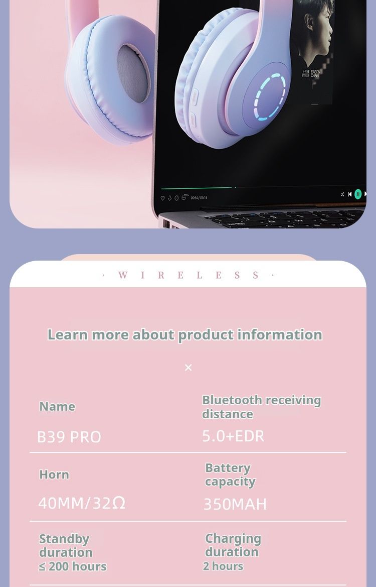 Nuovo B39 PRO Cat Ear Glow Game Wireless Gradient Color Headworn Auricolari Bluetooth Auricolari da gioco_voghion.com